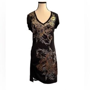 Vintage Caché Black Metallic Baroque Print Bodycon Dress – Size L – Y2K Glam